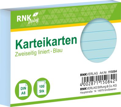 RNK Verlag 115084 Karteikarten - DIN A8, liniert, blau, 100 Karten