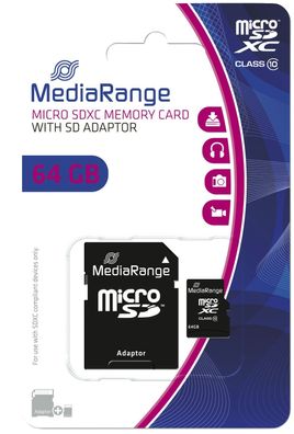 MediaRange MR955 Micro SDXC Speicherkarte 64GB Klasse 10 mit SD-Karten Adapter