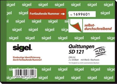 Sigel® SD121 Quittungen mit Sicherheitsdruck A6 quer SD MP 2 x 50 Blatt(T)