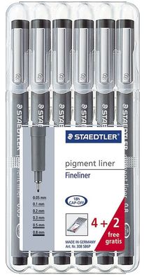 Staedtler® 308 SB6P Feinschreiber pigment liner - Etui mit 6 Stärken, schwarz