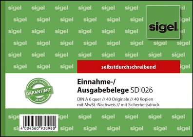 Sigel® SD026 Ausgabe-/ Einnahmebelege mit Sicherheitsdruck - A6 quer, 1. und 2. ...