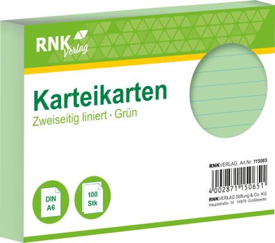 RNK Verlag 115065 Karteikarten - DIN A6, liniert, grün, 100 Karten