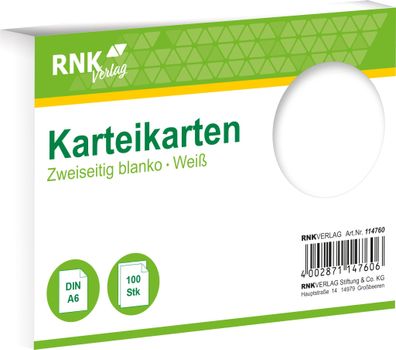 RNK Verlag 114760 Karteikarten - DIN A6, blanko, weiß, 100 Karten
