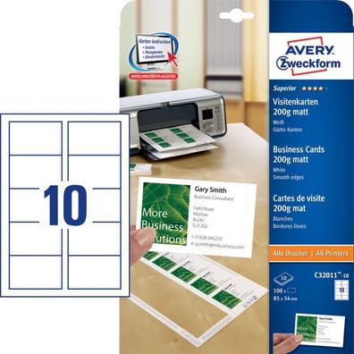 Avery Zweckform® C32011-10 Superior Visitenkarten, 85 x 54 mm, einseitig beschicht...