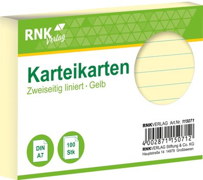 RNK Verlag 115071 Karteikarten - DIN A7, liniert, gelb, 100 Karten