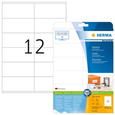 Herma 4363 Etiketten Premium A4, weiß 105x48 mm Papier matt 300 St.(T)