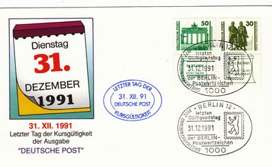 Berlin letzer Gütigkeitstag der Postwertzeichen schöner SST von 1991