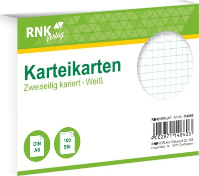 RNK Verlag 114860 Karteikarten - DIN A6, kariert, weiß, 100 Karten