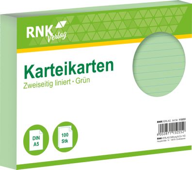 RNK Verlag 115055 Karteikarten - DIN A5, liniert, grün, 100 Karten