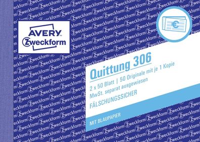 Avery Zweckform® 306 306 Quittung MwSt. separat ausgewiesen - A6 quer, MP, BL, ...