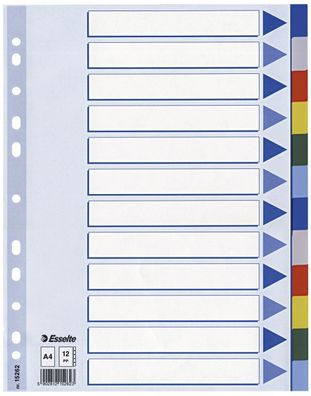 Esselte 15262 Register - blanko, A4, PP, 12-teilig + Deckblatt, farbig