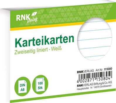RNK Verlag 115080 Karteikarten - DIN A8, liniert, weiß, 100 Karten