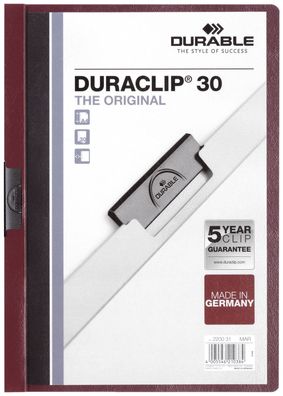 Durable 2200 31 Klemm-Mappe Duraclip® 30, DIN A4, aubergine/ dunkelrot