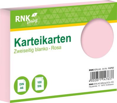 RNK Verlag 114763 Karteikarten - DIN A6, blanko, rosa, 100 Karten