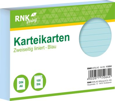 RNK Verlag 115064 Karteikarten - DIN A6, liniert, blau, 100 Karten