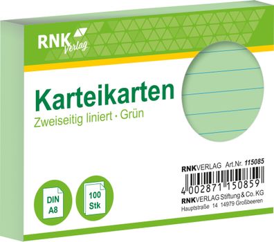 RNK Verlag 115085 Karteikarten - DIN A8, liniert, grün, 100 Karten