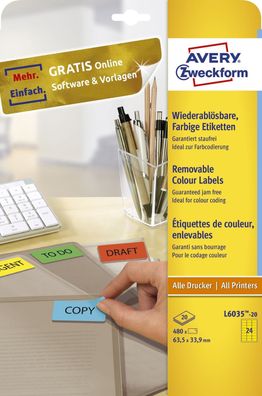 Avery Zweckform® L6035-20 Etiketten 63,5 x 33,9 mm gelb 480 Etiketten/20 Blatt ...