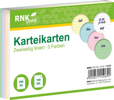 RNK Verlag 115069 Karteikarten - DIN A6, liniert, farbig sortiert, 100 Karten