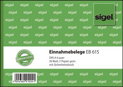 Sigel® EB615 Einnahmebelege - A6 quer, Papier grün, mit Sicherheitsdruck, 50 Blatt