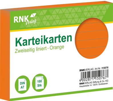 RNK Verlag 115076 Karteikarten - DIN A7, liniert, orange, 100 Karten