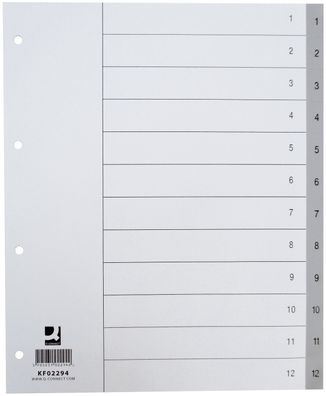 Q-Connect® KF02294 Zahlenregister - 1 - 12, PP, A4 Überbreite, 12 Blatt, grau