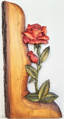 Holzbild ROSE Blumen Wandrelief Schnitzerei Handarbeit Massivholz Rot/ Grün 26x54