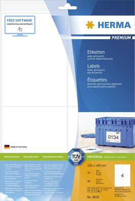 Herma 8630 8630 Premium Etikett - weiß, 105x148 mm, permanent, 40 Stück
