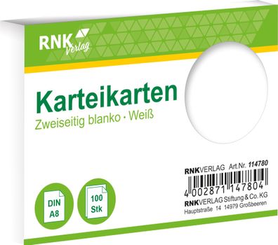 RNK Verlag 114780 Karteikarten - DIN A8, blanko, weiß, 100 Karten