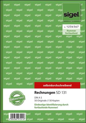 Sigel® SD131 Rechnungen mit fortlfd. Nummerierung - A5, 1. u. 2. Blatt bedruckt, ...