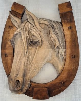 Holzbild Pferdekopf im Hufeisen Wandrelief Schnitzerei Handarbeit Massivholz(10)