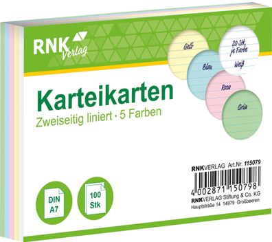 RNK Verlag 115079 Karteikarten - DIN A7, liniert, farbig sortiert, 100 Karten