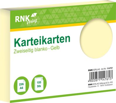 RNK Verlag 114761 Karteikarten DIN A6 blanko gelb 100 Karten