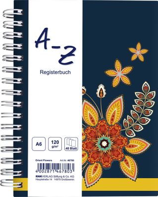 RNK Verlag 46780 Notizbuch Orient Flowers - A6, liniert, 48 Blatt, Register A-Z