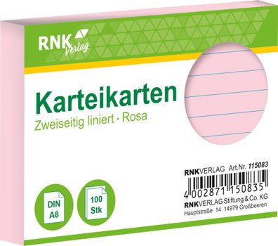 RNK Verlag 115083 Karteikarten - DIN A8, liniert, rosa, 100 Karten