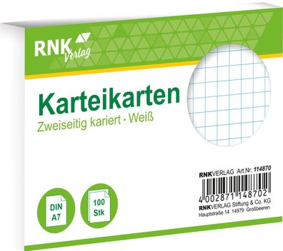 RNK Verlag 114870 Karteikarten - DIN A7, kariert, weiß, 100 Karten