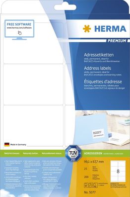 Herma 5077 Adressetiketten Premium A4, weiß 99,1x67,7 mm Papier matt 200 St.(T)