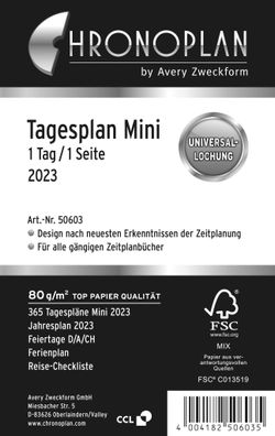 Chronoplan 50603 Kalendereinlage 2023 Tagesplan Mini 7,9 x 12,5 cm