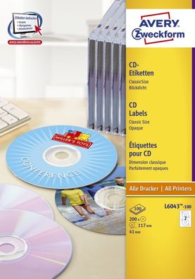 Avery Zweckform® L6043-100 CD-Etiketten Ø 117 mm 100 Blatt/200 Etiketten weiß(T)