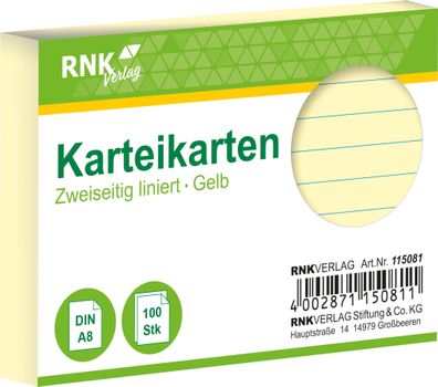 RNK Verlag 115081 Karteikarten - DIN A8, liniert, gelb, 100 Karten