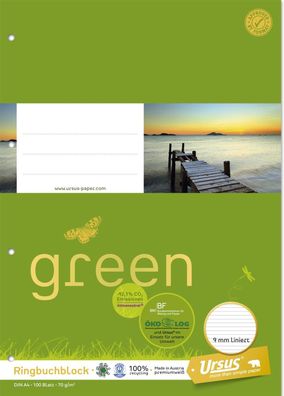 Ursus Green 044380 10 Ringbuchblock A4 100 Blatt 70g/ qm 9mm liniert