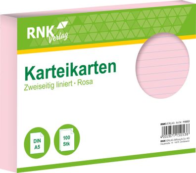 RNK Verlag 115053 Karteikarten - DIN A5, liniert, rosa, 100 Karten