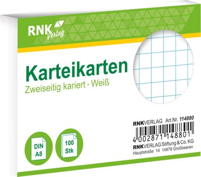 RNK Verlag 114880 Karteikarten - DIN A8, kariert, weiß, 100 Karten