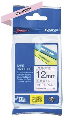 Brother TZe-MQe31 Schriftbandkassette laminiert 12 mm x 4 m schwarz auf pastell rosa