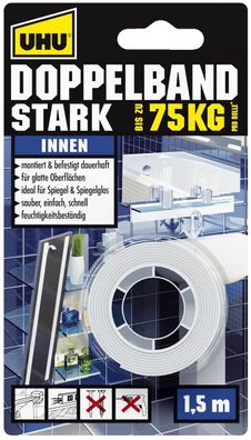 UHU® 46855 Doppelklebeband Stark - für Innenbereich, 1,5 m x 19 mm, Infokarte
