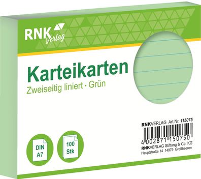 RNK Verlag 115075 Karteikarten - DIN A7, liniert, grün, 100 Karten
