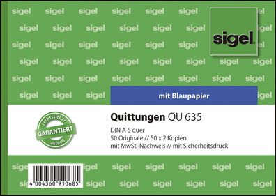 Sigel® QU635 Quittungen mit Sicherheitsdruck - A6 quer, 1. und 2. Blatt bedruckt, ...