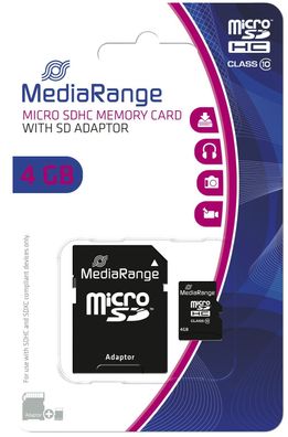 MediaRange MR956 Micro SDHC Speicherkarte 4GB Klasse 10 mit SD-Karten Adapter