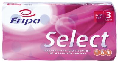FRIPA 1030807 Toilettenpapier Select - 3-lagig, TAE, geprägt, hochweiß, 8 Rollen ...