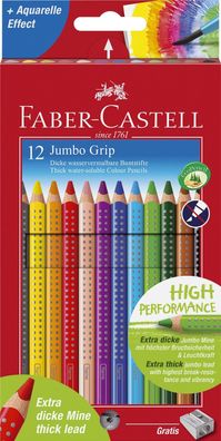 Faber-Castell 110912 Buntstift Jumbo GRIP 12 Farben sortiert und Spitzer Kartonetu...