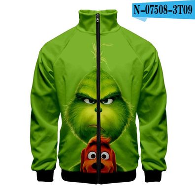 Grün Monster Grinch Strickjacke Sweatshirt mit Stehkragen Teenager Zip Hoodie Mantel